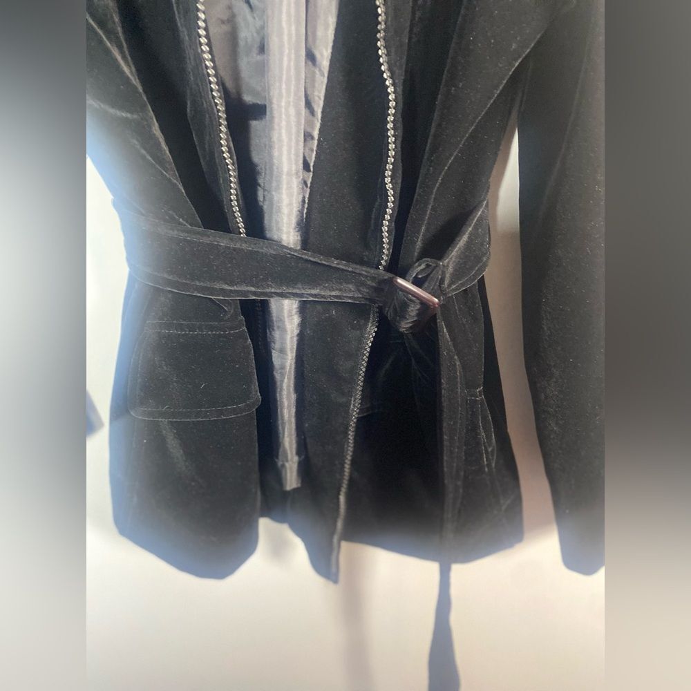Y2K Vintage Elegant Black Velvet Trench Coat Fur Hood - Picture 3 of 5